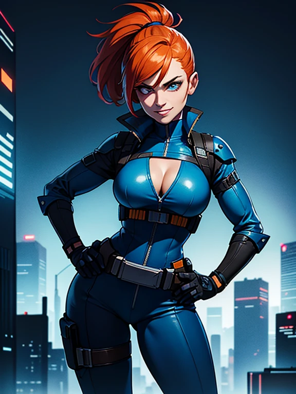 half body portrait, generic 32 year old Cyberpunk Agent, pretty and brave, medium breasts, pale skin, thin and athletic, (Wearing a blue futuristic jumpsuit, utility belt and gun holsters), doing a heroic pose with hands on hips, grin with teeth, cleavage exposed, perfect eyes, perfect irises, standing on a rooftop with a night sky, The skyline of a cyberpunk city is seen in the background, (1girl with short orange hair, pony tail style and bright blue irises), 4k textures, raw photo, epic artistic, photoreal art, sharp focus, even lighting, insane details, intricate details, hyperdetailed, rich colors, staring at viewer, looking into camera, windswept hair blowing in the wind
