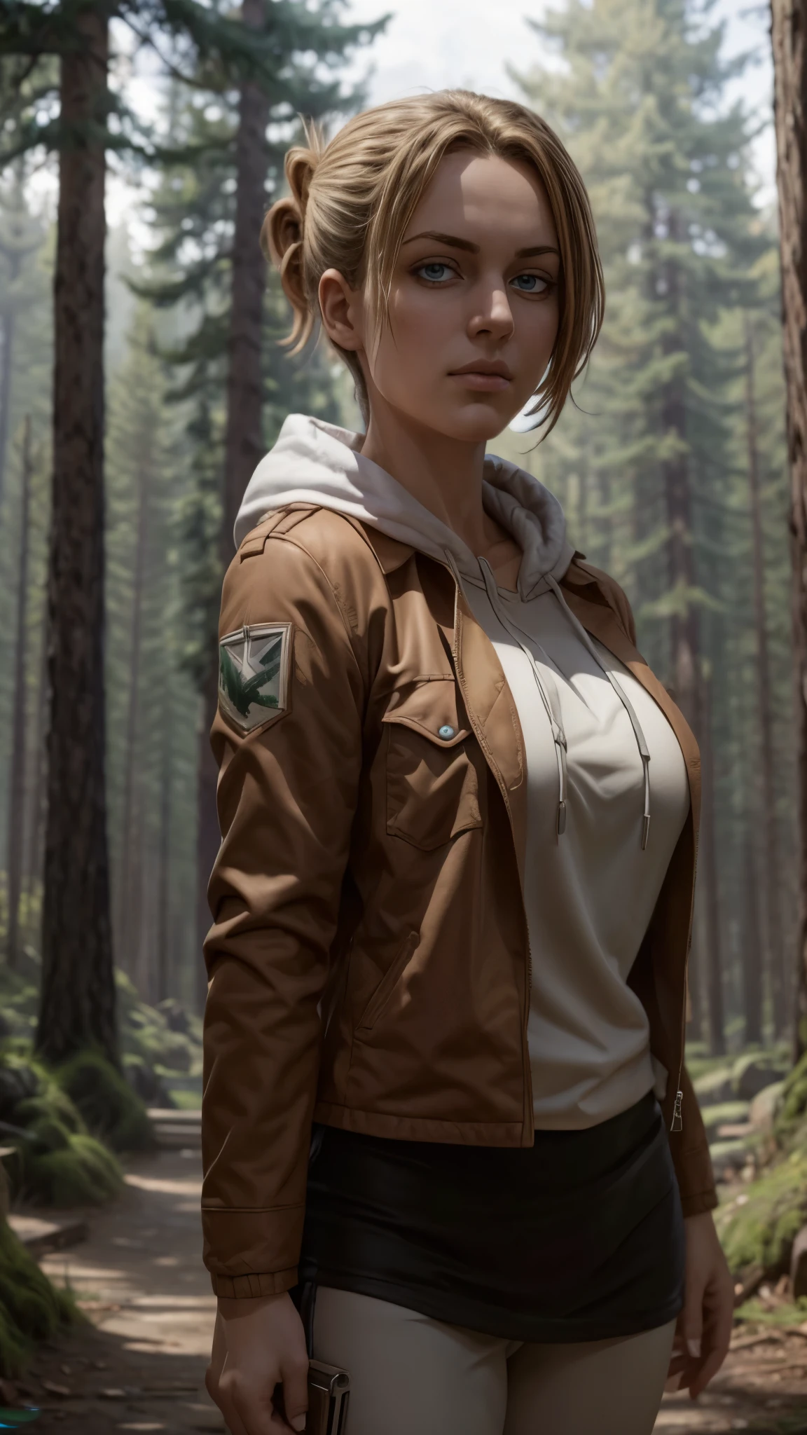 masterpiece, best quality, ultra-detailed, annie_leonhardt, 1girl, milf, mature face, thick, solo, long sleeves, jacket, open clothes, hood, open jacket, hoodie, hood down, brown jacket, white hoodie, paradis military uniform, forest background, volumetric lighting, intricate details, tonemapping, sharp focus, hyper detailed, trending on Artstation 