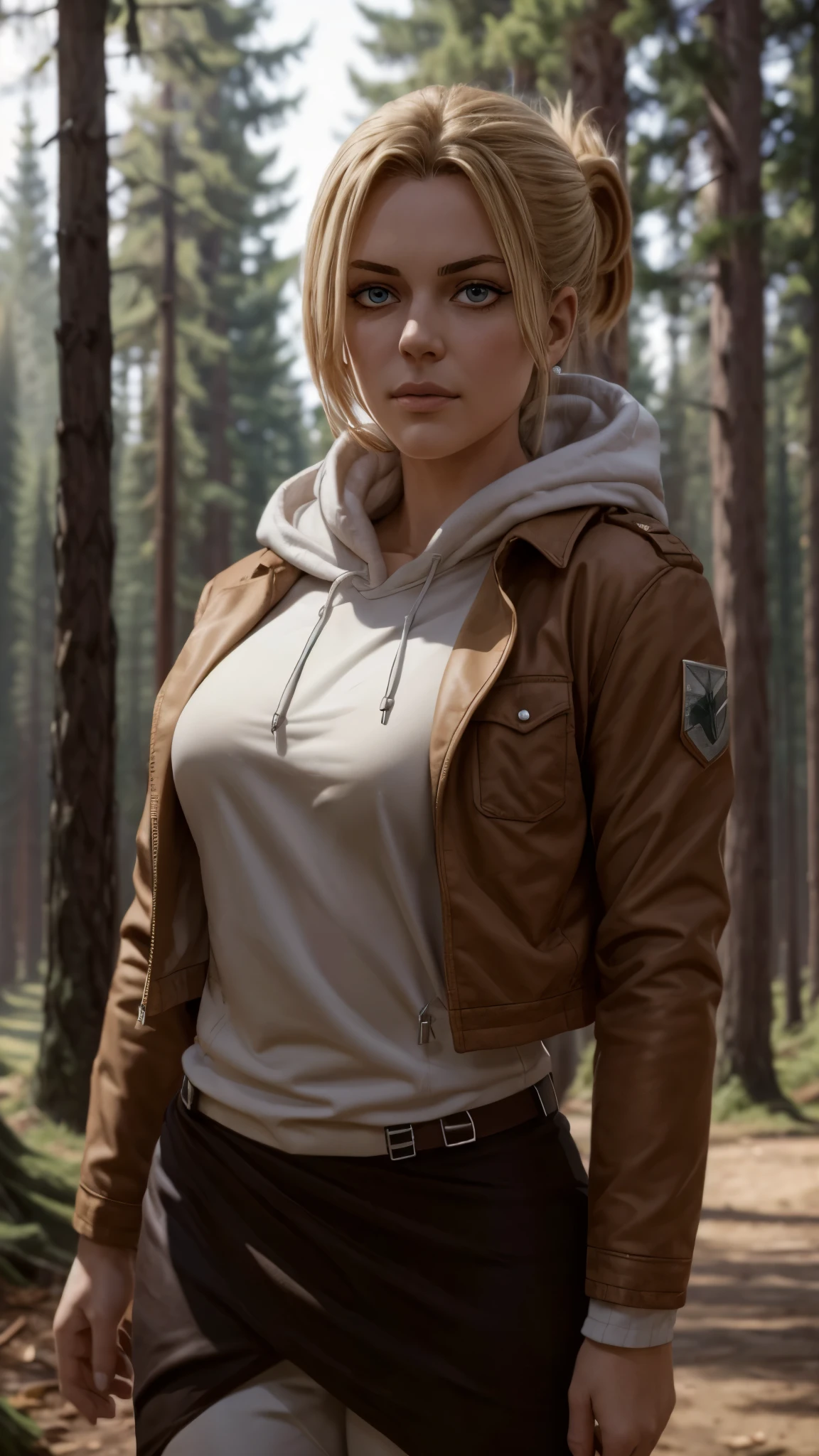 masterpiece, best quality, ultra-detailed, annie_leonhardt, 1girl, milf, mature face, thick, solo, long sleeves, jacket, open clothes, hood, open jacket, hoodie, hood down, brown jacket, white hoodie, paradis military uniform, forest background, volumetric lighting, intricate details, tonemapping, sharp focus, hyper detailed, trending on Artstation 