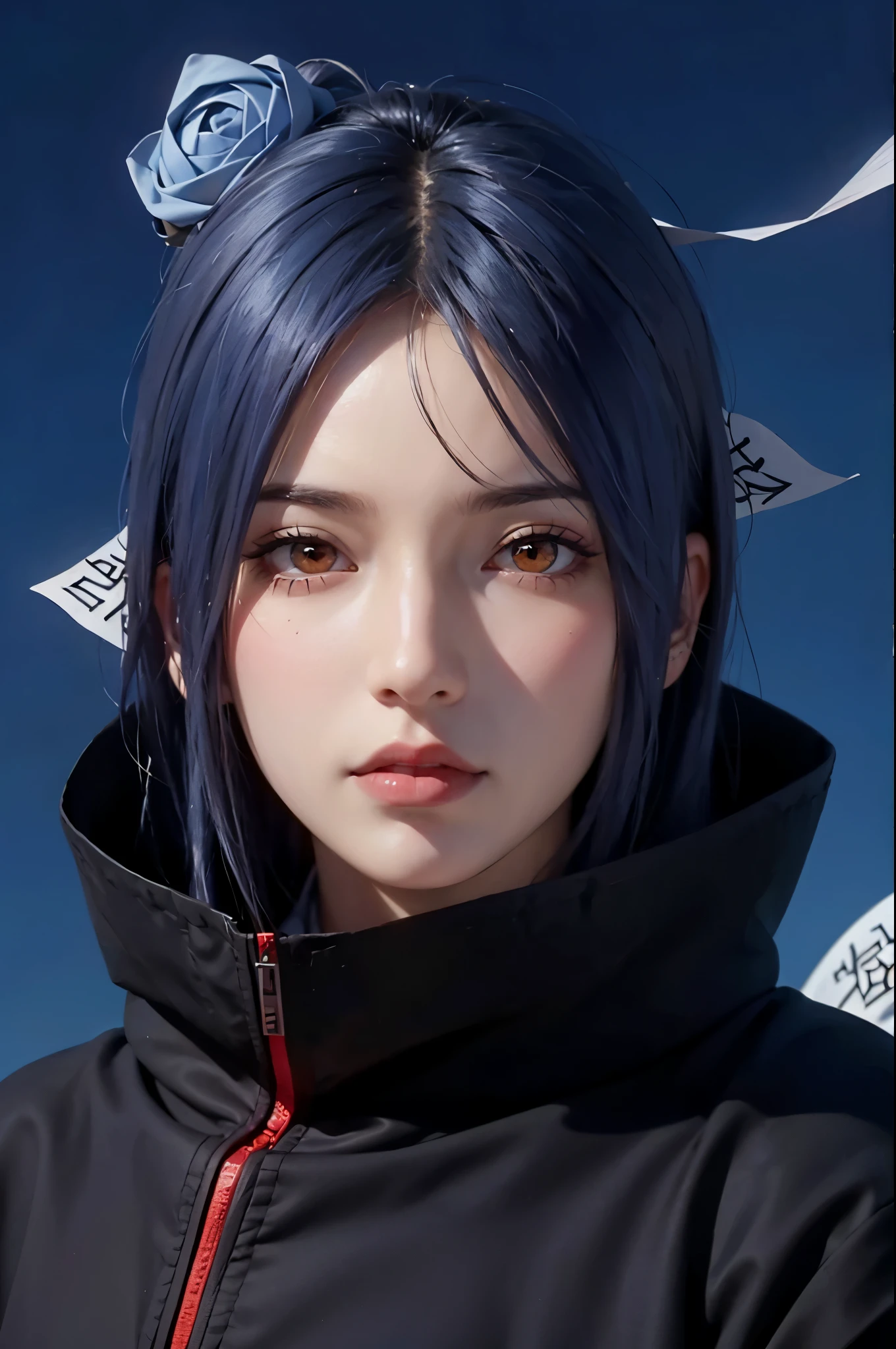 dark blue sky, many flying papers, 1 girl, ultra realistic, high res, highly detail, masterpiece, best quality, Konan of Naruto, close shot, looking at viewer, flying in the sky, sky background, konan, short hair, hair ornament, blue hair, flower, hair flower, (orange eyes:1.2), (labret piercing:1.2), eyeshadow,coat, cloak, black coat, black cloak, (akatsuki uniform:1.5), akatsuki \(naruto\), long face, oval face, 3 adult face