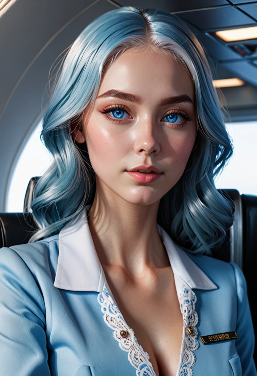 (masterpiece, best quality, photorealistic, Instagram photo,1 girl, sexy girl, beautiful girl, young lady, solo, Realism, natural light, ray tracing, Subsurface scattering, high-resolution, realistic style, 8k , official art, aesthetic, high contrast, extreme detailed background, soothing tones, realistic, beautiful light blue eyes, beautiful sexy face, perfect face, detailed face, detailed hair, shiny skin, perfect skin, 20 years old:1.2), blush,(opening clothes:1.3), Thick long light blue hair, (wide shot:1.3),(breast,nipples,cleavage:1.3), (stewardess theme:1.5),sexy pose, (wearing white_light_blue_lace_flight_attendant uniform:1.3),1girl,Breasts