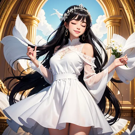 Black hair, goddess, eyes closed, smiling, white dress