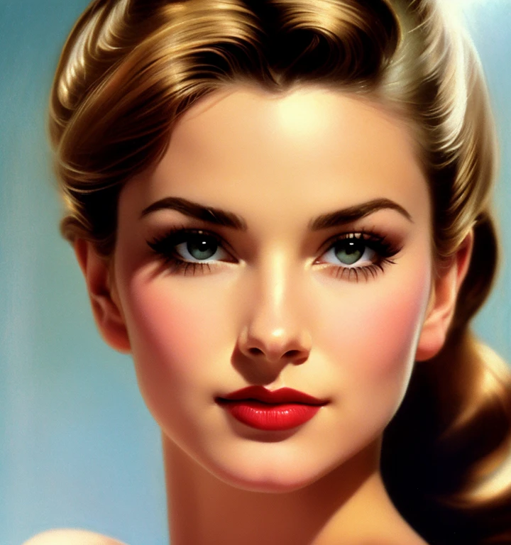 1970s,by Alberto Vargas,(Best quality, work of art), ultra-detailed and delicate portrait of a beautiful and timeless girl,noir woman, sultry eyes, closeup, style of Rolf Armstrong, light and shadow,charge of face,sexy face, beautifull nose, make different hair, make variations female noses,woman of  Switzerland