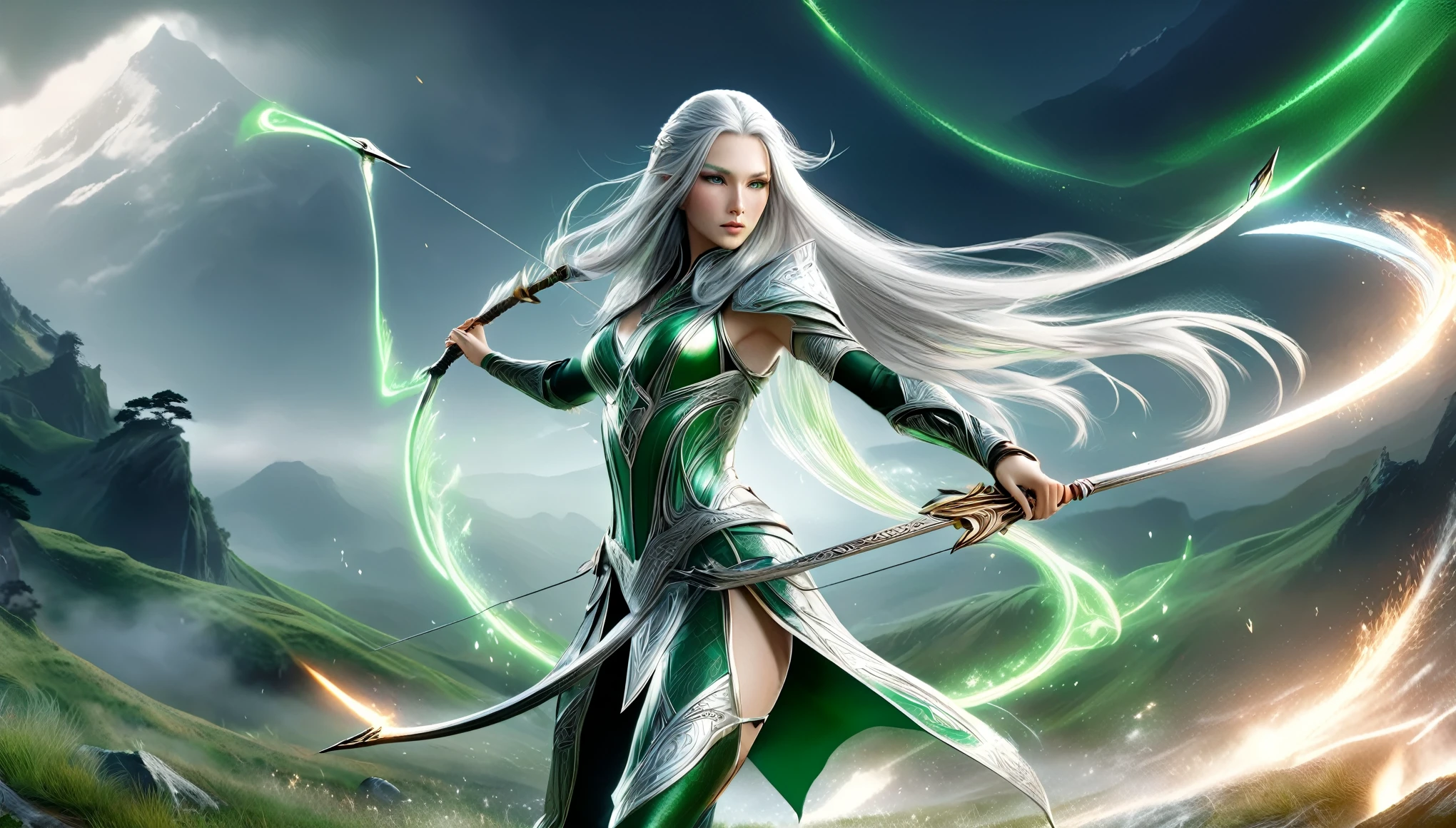 (master piece), 8k, best quality, panoramic view, full body view, with slightly flushed white skin, subtly contrasting with her long, silver hair. Her body was slender and athletic, with a height of 168cm that gave her a natural elegance. Her green eyes, conservatively detailed warrior outfit, attacking with the rune-written war bow