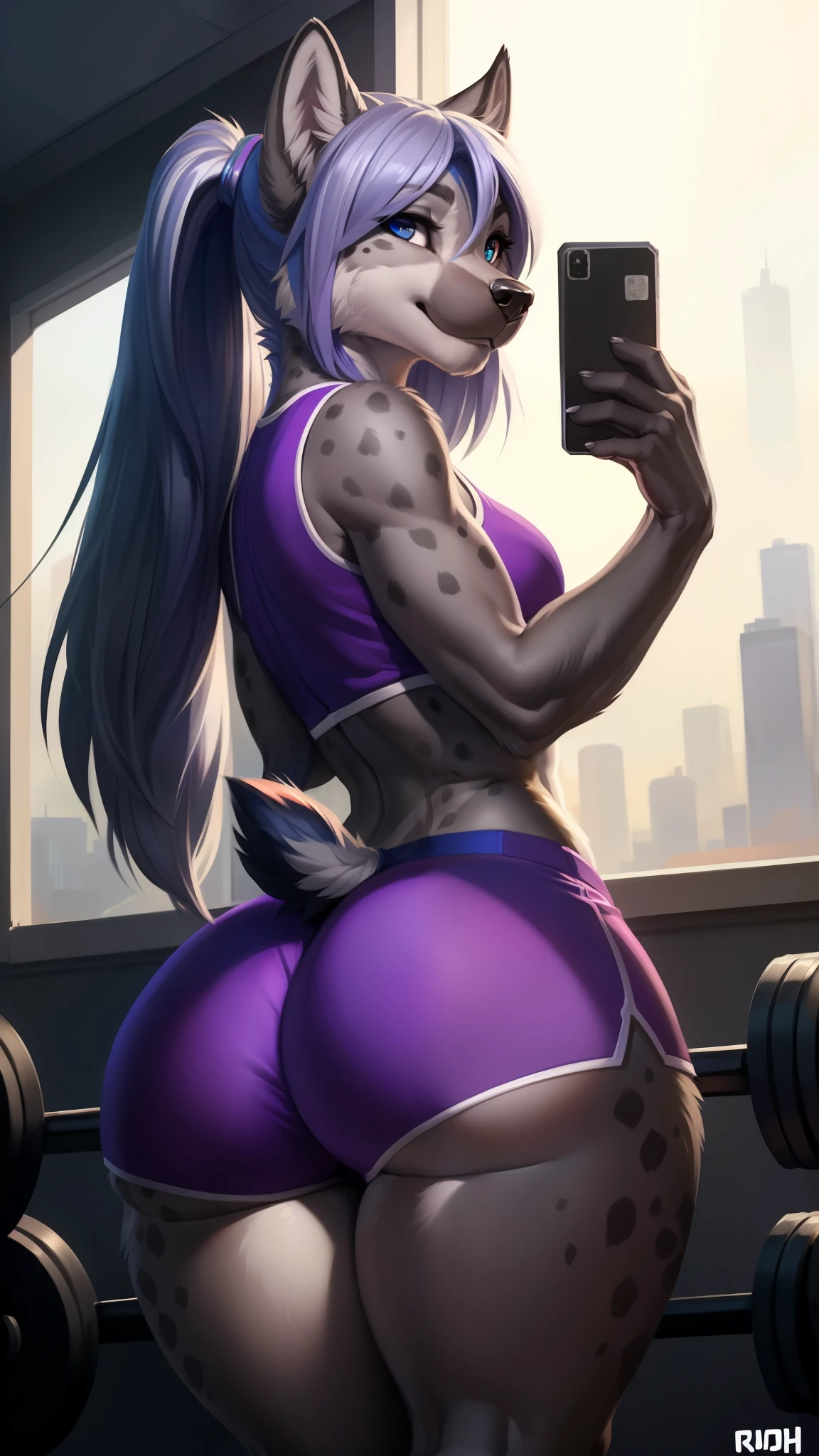 (anthro)) hyena, Ross Tran, by ruan jia, by zaush, by foxovh Best Quality, masutepiece,, Illustration, Wallpaper,1girl in, Solo, Bright purple-silver hair, Semi-long hair, Beautiful detailed girl, extremely detailed eye and face, Beautiful detailed eyes, Shy, natural_Lighting, Glow,NSFW, Clean sky, Looking at Viewer, gym, Straight hair, blue petals, Ponytail, Blue Ribbon,White hair, Thick_thighs thighs thighs thighs, big ass, wearing tight gym booty shorts, taking a gym selfie of her butt with her phone