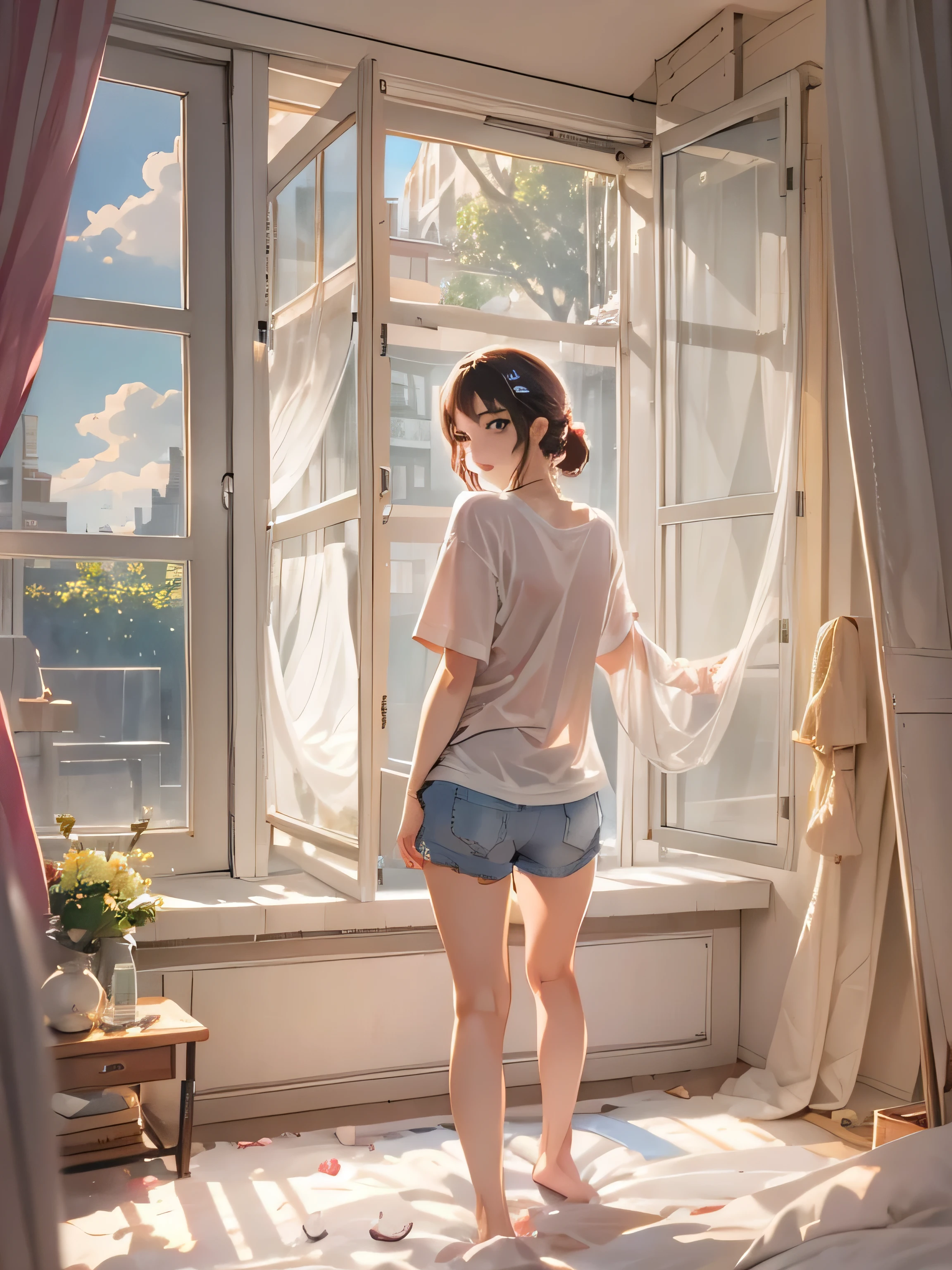 (highest resolution、distinct_image) best quality、woman、masterpiece、very detailed、semi-realistic、21 years old、cute、young、beautiful、Naked Oversized T-Shirt、Pulling on shirt、neck collar、indoor、modern bedroom、window、Awakening、morning、blush