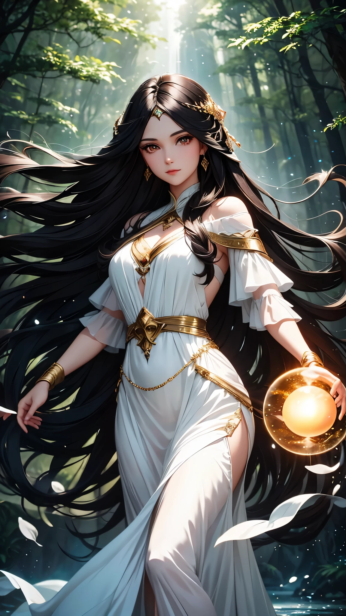 Magical woman with brown eyes and long black hair in white dress in a night forest with orb of light water element highest quality artwork 8k 