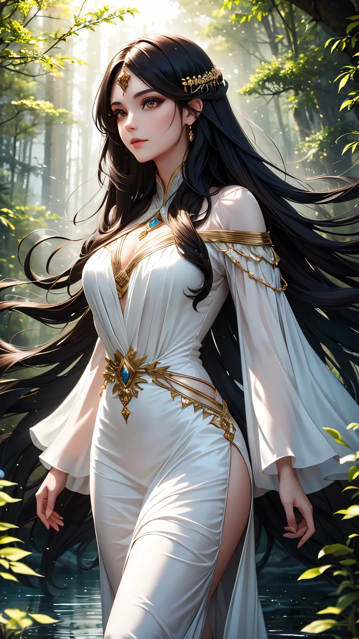 밤숲 속에서 갈색 눈과 긴 검은 머리에 흰색 드레스를 입은 마법의 여성, 가벼운 물 요소 최고 품질의 예술 작품 8k 