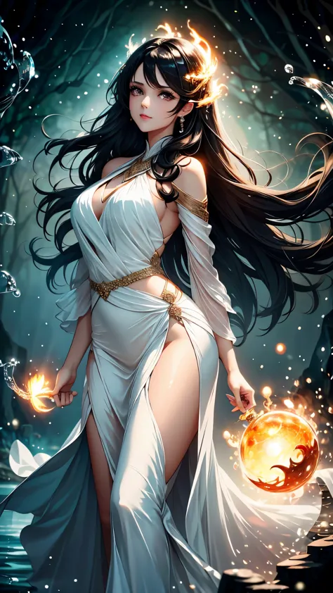 Beautiful woman with brown eyes and black hair wearing elegant white dress in a night forest with water and fire element light o...