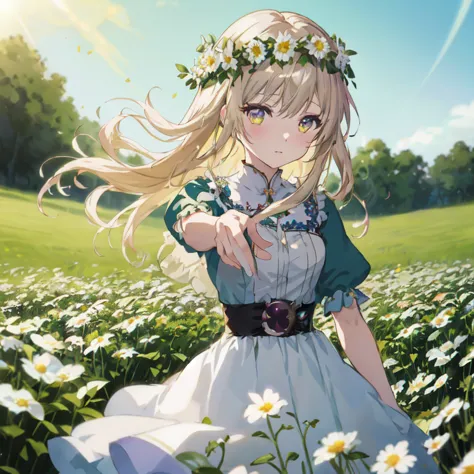 anime girl in a field of daisies with a flower crown, cushart krenz key art feminine, official art, violet evergarden, render of...