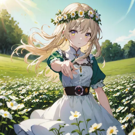 anime girl in a field of daisies with a flower crown, cushart krenz key art feminine, official art, violet evergarden, render of...