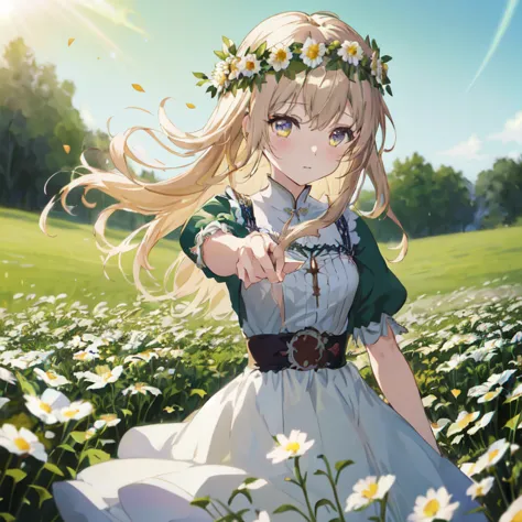 anime girl in a field of daisies with a flower crown, cushart krenz key art feminine, official art, violet evergarden, render of...