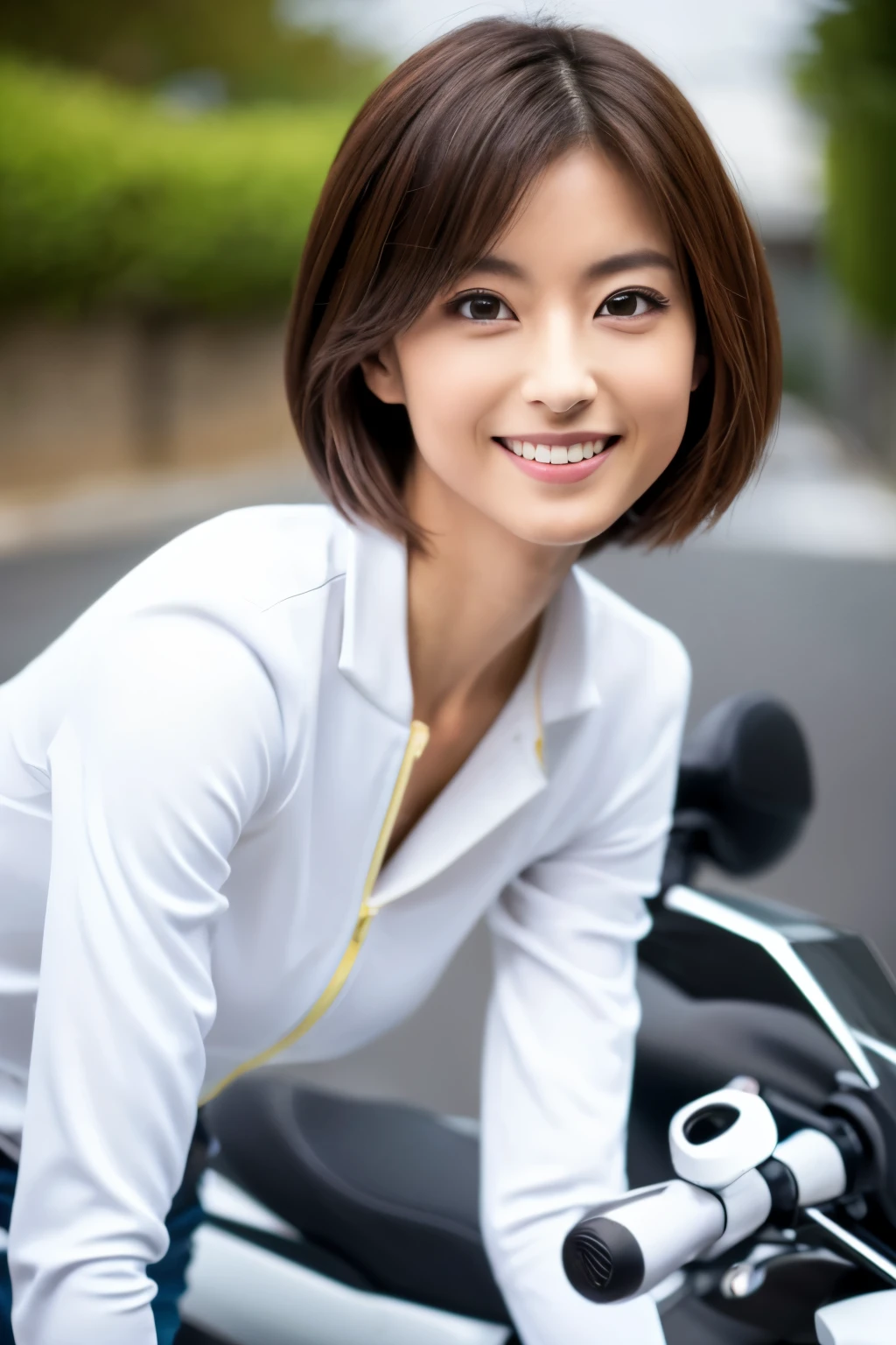 ((highest quality, 8K, masterpiece: 1.3)), sharp: 1.2, Skinny Japanese woman, 30 years old, perfect body beauty: 1.4, (very thin waist: 1.5), Cute face, Light brown shorthair, (((riding a motorcycle))), slender body, ((White Riding Suit)), Highly detailed face and skin texture, detailed eyes, double eyelid, ((full body shot)), Natural light, smile, Detailed Motorcycle