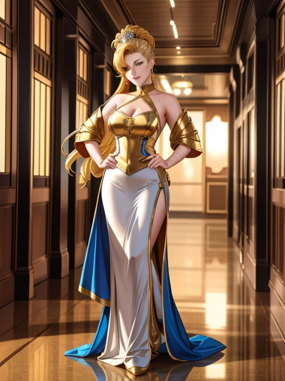 A woman in her 40s wearing a gold dress standing in a hallway, Villain cyborg movie stills, jackie tsai style, Human Soldier, pistol, Inspired by Tang Sin Yun Sandara, Photographed with an anamorphic lens, syndicate(2012), beauty pageant rendering, Library of Babel, Blonde Inc., Golden silver elements, Hold the gun --ar 16:9