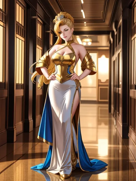 A woman in her 40s wearing a gold dress standing in a hallway, Villain cyborg movie stills, jackie tsai style, Human Soldier, pi...