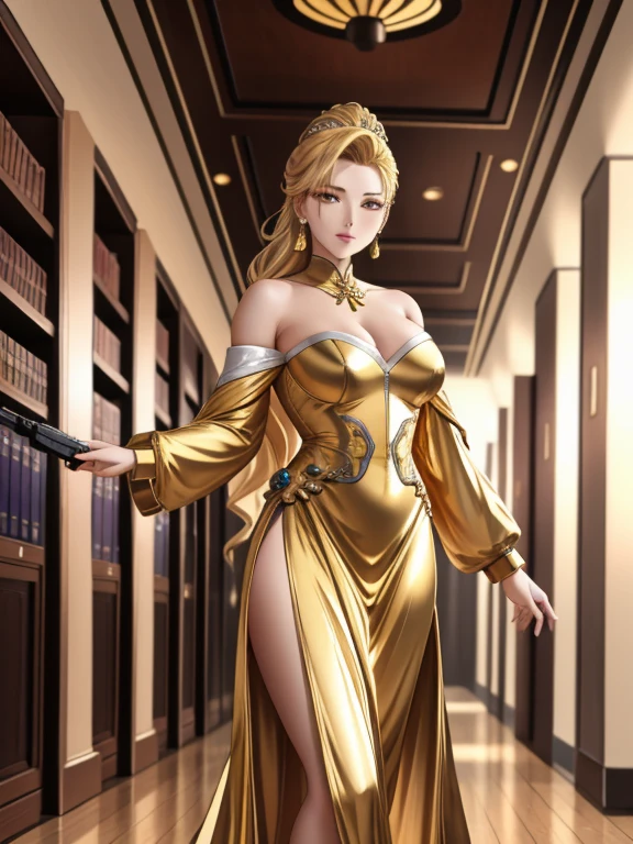 A woman in her 40s wearing a gold dress standing in a hallway, Villain cyborg movie stills, jackie tsai style, Human Soldier, pistol, Inspired by Tang Sin Yun Sandara, Photographed with an anamorphic lens, syndicate(2012), beauty pageant rendering, Library of Babel, Blonde Inc., Golden silver elements, Hold the gun --ar 16:9