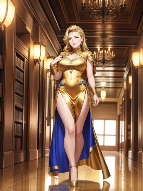 A woman in her 40s wearing a gold dress standing in a hallway, Villain cyborg movie stills, jackie tsai style, Human Soldier, pi...