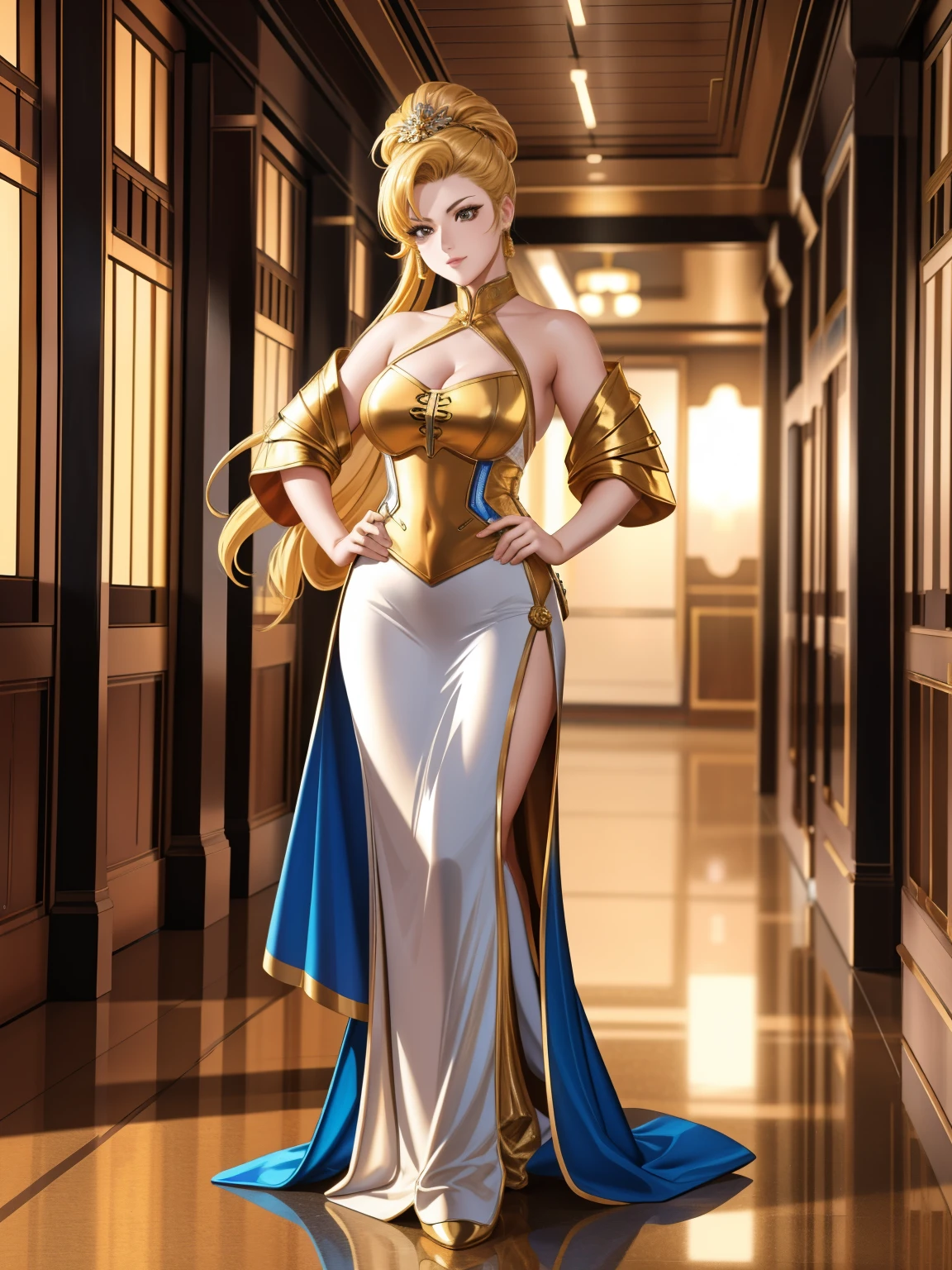 A woman in her 40s wearing a gold dress standing in a hallway, Villain cyborg movie stills, jackie tsai style, Human Soldier, pistol, Inspired by Tang Sin Yun Sandara, Photographed with an anamorphic lens, syndicate(2012), beauty pageant rendering, Library of Babel, Blonde Inc., Golden silver elements, Hold the gun --ar 16:9