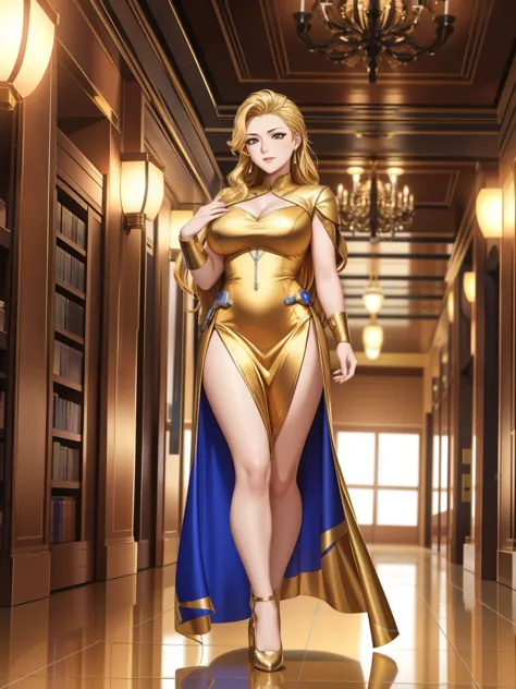 A woman in her 40s wearing a gold dress standing in a hallway, Villain cyborg movie stills, jackie tsai style, Human Soldier, pistol, Inspired by Tang Sin Yun Sandara, Photographed with an anamorphic lens, syndicate(2012), beauty pageant rendering, Library...