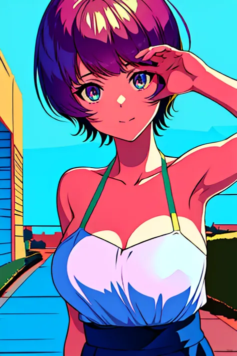 anime beauty girl,short hair,lofi vibes,aesthetic,student,breasts,shy