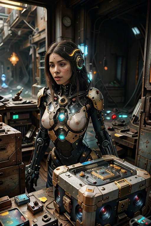 (best quality,4k,8k,highres,masterpiece:1.37), ultra-detailed, (realistic,photorealistic,photo-realistic:1.37), (aerial view), (top down perspective), 1woman, (the focal point is a woman pulling a video game cartridge out of a futuristic artifact chest full of retro video game cartridges:1.6), (the woman is looking at the box:1.4), (Futuristic artifact box), (the artifact box is open), (The scene unfolds inside a mystical cavern:1.4), joints, mecha, fractal_body, (The woman is wearing an insectoid exoskeleton made with glass details, covering her entire body:1.5), (dynamic angle:1.37), reelmech, mechanical parts, (The woman's hair is made of fractal technologic components:1.5), (fantasy and sci-fi mixed:1.5), holographic glitch effects floats around the woman, vibrant colors, (A blue glow emanates from inside the treasure chest), glowing lights, (abandoned machinery), (there are old video game cartridges and consoles on the background), mystical creatures, pixelated details, (there are crystal formations spreading on the background), (futuristic technology), (ancient artifacts), mystical energy, vibrant retro aesthetic, atmospheric lighting, ancient ruins, mysterious symbols, shimmering water, lush vegetation, interdimensional portals, nostalgic atmosphere, immersive storytelling, epic adventure, delightful surprises