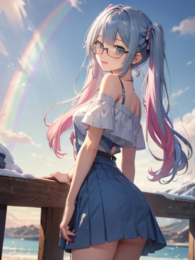 Take a photo from the front、snow country、The arrival of winter、big butt、 (alone:1.5,)Super detailed,bright colors, very beautiful detailed anime face and eyes, look straight, ;d, shiny_skin,girl, (((rainbow colored hair, colorful hair, Half blue、半分はpinkの髪: 1.2))) 、off shoulder、forehead is exposed.、green eyes、、shiny hair, delicate beautiful face, blush、(turquoise eyes), White skin, Valletta, mature earrings,、(Winter clothes）、（pink、slightly longer skirt、polka dot skirt）、long twin tails、Rimless Glasses、