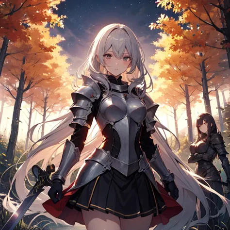 A group of  female knight, (in forest), various hair styles, harem, wearing armored clothes, metal armor, night, details face, ,...