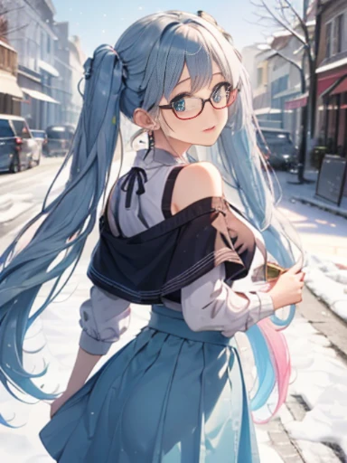 Take a photo from the front、snow country、The arrival of winter、big butt、 (alone:1.5,)Super detailed,bright colors, very beautiful detailed anime face and eyes, look straight, ;d, shiny_skin,girl, (((rainbow colored hair, colorful hair, Half blue、半分はpinkの髪: 1.2))) 、off shoulder、forehead is exposed.、green eyes、、shiny hair, delicate beautiful face, blush、(turquoise eyes), White skin, Valletta, mature earrings,、(Winter clothes）、（pink、slightly longer skirt、polka dot skirt）、long twin tails、Rimless Glasses、