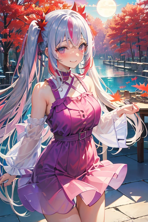 (rainbow colored hair, colorful hair, half silver、half pink hair: 1.2), ,long hair、(Cinematic digital artwork: 1.3), high quality, table top, Turquoise eyes、最high qualityの, Super detailed, figure, [4K digital art]!!、 Kyoto animation style, one woman, clavicleの美しさ, clavicle, light, want, blue sky, positive, Dead leaves dance、full moon、((wine red color、purple maple leaf、transparent silver dress sedan sexy clothes))、scarlet polka dot unset, motivation, shine, dynamic perspective、Blue glasses、Green ribbon、twin tails、embarrassed face、cute face、happy face