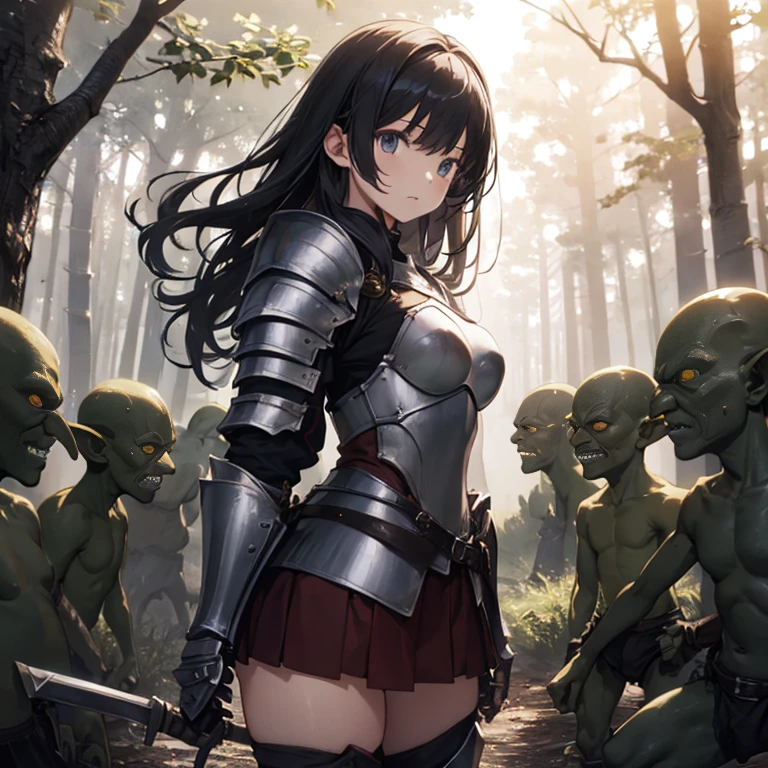 A female knight, (in forest), wearing armored clothes, metal armor, night, details face, , short skirt, surrounded by goblins, various weapons