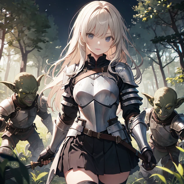 A female knight, (in forest), wearing armored clothes, metal armor, night, details face, , short skirt, surrounded by goblins, various weapons