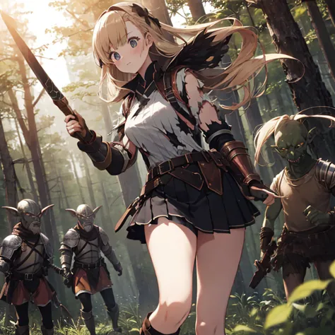 a female knight, (in forest), wearing armored clothes, metal armor, night, details face, , short skirt, surrounded by goblins, v...