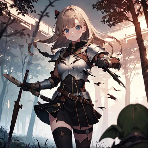 A female knight, (in forest), wearing armored clothes, metal armor, night, details face, , short skirt, surrounded by goblins, v...