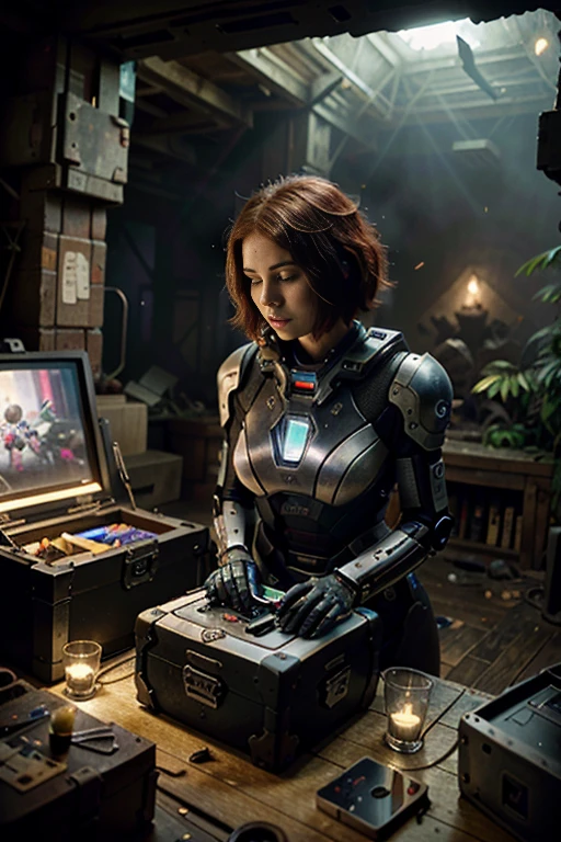 (best quality,4k,8k,highres,masterpiece:1.37), ultra-detailed, (realistic,photorealistic,photo-realistic:1.37), (aerial view), (top down perspective), 1woman, (the focal point is a woman pulling a video game cartridge out of a futuristic artifact chest full of retro video game cartridges:1.6), (the woman is looking at the box:1.4), (Futuristic artifact box), (the artifact box is open), (The scene unfolds inside a mystical cavern:1.4), joints, mecha, (The woman is wearing an insectoid exoskeleton made with glass details, covering her entire body:1.5), (dynamic angle:1.37), reelmech, mechanical parts, (The woman's hair is made of fractal technologic components:1.5), (She has short red hair:1.37), pixel art, (fantasy and sci-fi mixed:1.5), holographic glitch effects floats around the woman, vibrant colors, (A blue glow emanates from inside the treasure chest), glowing lights, (abandoned machinery), (there are old video game cartridges and consoles on the background), mystical creatures, pixelated details, (there are crystal formations spreading on the background), (futuristic technology), (ancient artifacts), mystical energy, vibrant retro aesthetic, atmospheric lighting, ancient ruins, mysterious symbols, shimmering water, lush vegetation, interdimensional portals, nostalgic atmosphere, immersive storytelling, epic adventure, delightful surprises