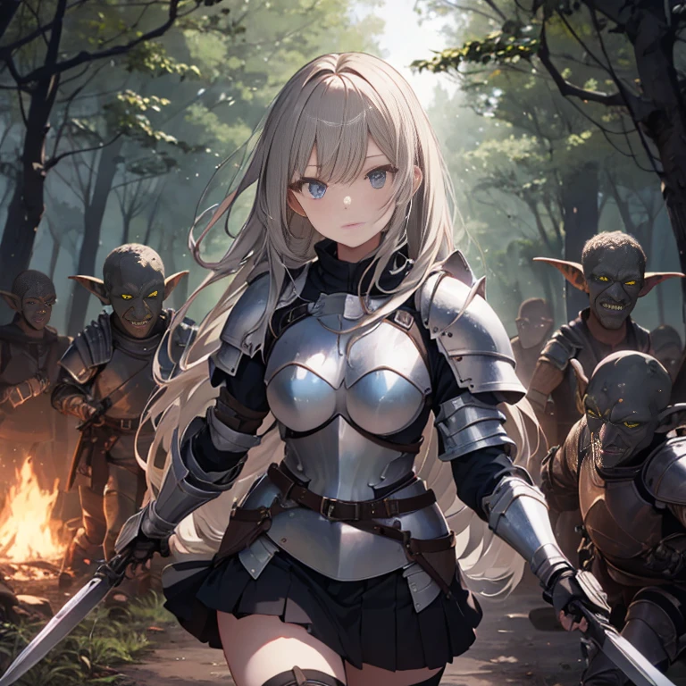 A female knight, (in forest), wearing armored clothes, metal armor, night, details face, , short skirt, surrounded by goblins, various weapons