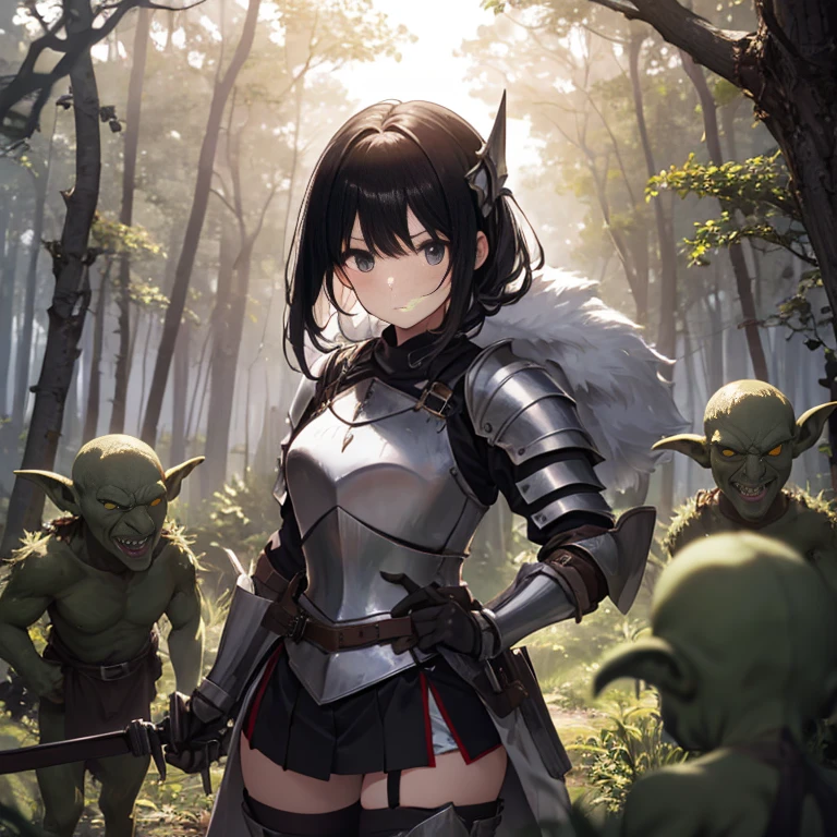 A female knight, (in forest), wearing armored clothes, metal armor, night, details face, , short skirt, surrounded by goblins, various weapons