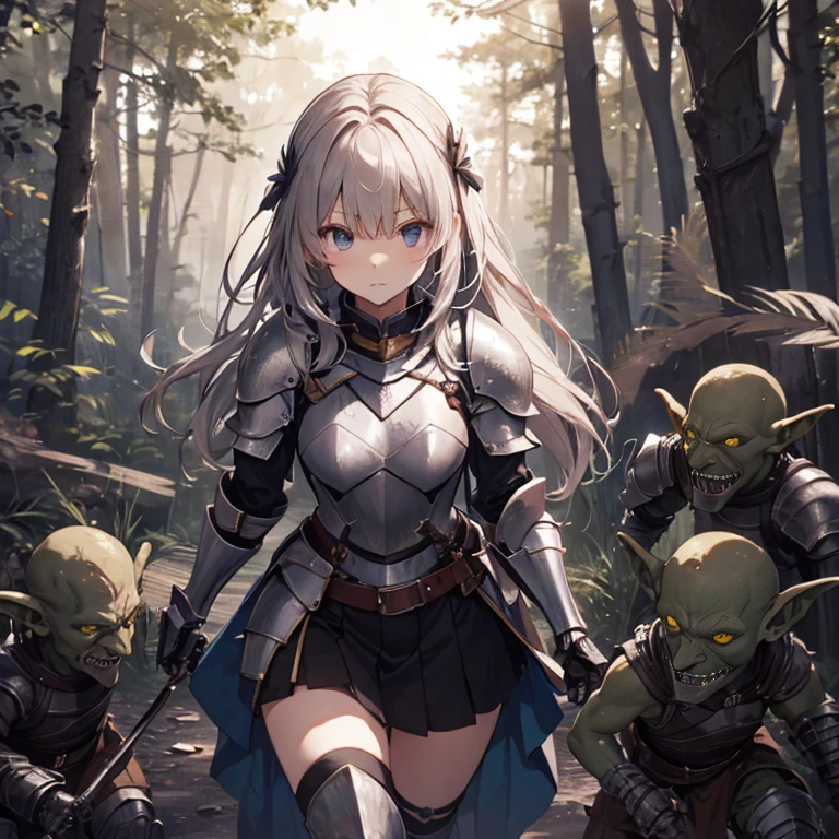 A female knight, (in forest), wearing armored clothes, metal armor, night, details face, , short skirt, surrounded by goblins, various weapons