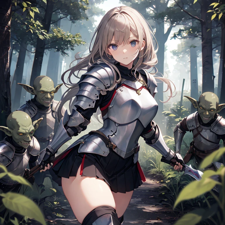 A female knight, (in forest), wearing armored clothes, metal armor, night, details face, , short skirt, surrounded by goblins, various weapons