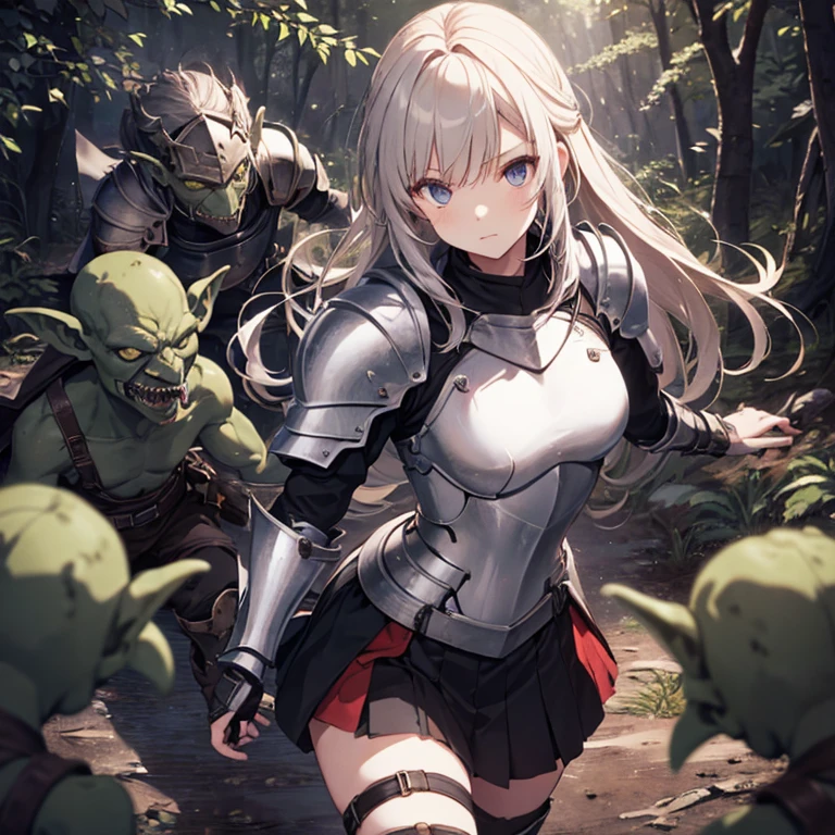 A female knight, (in forest), wearing armored clothes, metal armor, night, details face, , short skirt, surrounded by goblins, various weapons