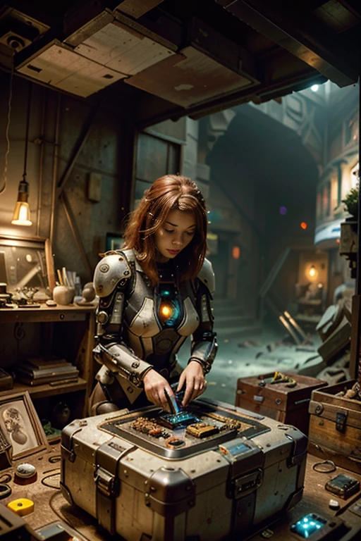 (best quality,4k,8k,highres,masterpiece:1.37), ultra-detailed, (realistic,photorealistic,photo-realistic:1.37), (aerial view), (top down perspective), 1woman, (the focal point is a woman pulling a video game cartridge out of a futuristic artifact chest full of retro video game cartridges:1.6), (the woman is looking at the box:1.4), (Futuristic artifact box), (the artifact box is open), (The scene unfolds inside a mystical cavern:1.4), joints, mecha, (The woman is wearing an organic exoskeleton made with glass details, covering her entire body:1.5), (dynamic angle:1.37), reelmech, mechanical parts, (The woman's hair is made of fractal technologic components:1.5), (She has short light red hair:1.37), pixel art, (fantasy and sci-fi mixed:1.5), holographic glitch effects floats around the woman, vibrant colors, (A blue glow emanates from inside the treasure chest), glowing lights, (abandoned machinery), (there are old video game cartridges and consoles on the background), mystical creatures, pixelated details, (there are crystal formations spreading on the background), (futuristic technology), (ancient artifacts), mystical energy, vibrant retro aesthetic, atmospheric lighting, ancient ruins, mysterious symbols, shimmering water, lush vegetation, interdimensional portals, nostalgic atmosphere, immersive storytelling, epic adventure, delightful surprises