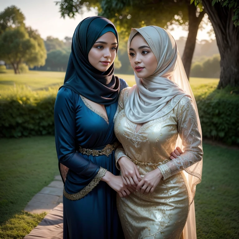 Halber Körper, schöne muslimische Mädchen, trägt traditionelle Kebaya aus transparenter Seide, ein Paar, ultra-detailliert, detaillierte Gesichter, detaillierte Skins, 8k Meisterwerke, filmische Beleuchtung, perfekter runder Busen, üppiger Busen, schlanker und schlanker Körper, langer Hijab, Fastenzeit, im malaiischen Dorf, auf der Wiese, Den Betrachter verführen, verführerisches Gesicht, Flirten, Aufschlussreich, Intimität, sich gegenseitig ansehen, Hände drücken die Brust