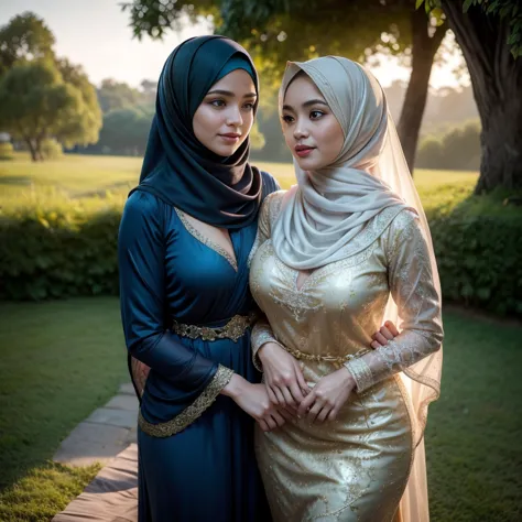 half body, beautiful muslimah girls, wearing traditional transparent silk kebaya, a couple, ultra-detailed, detailed faces, deta...