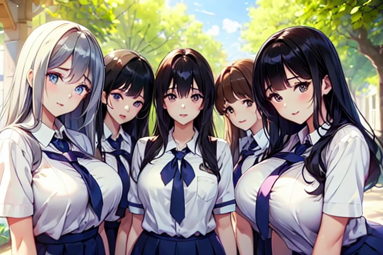 5+girls,cowboyshot,pov,beautiful detailed eyes, detailed lips, long eyelashes, bright and vibrant colors, natural lighting,(best quality, 4k, highres), ultra-detailed, soft and smooth texture, no distractions, dreamlike sensation, slight bokeh effect,highlighting her figure,deformed and independented breasts,schooluniform,side by side,Different posing,surrounded by girls,medium breasts