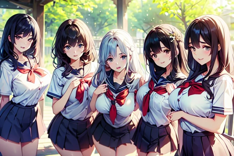 5+girls,cowboyshot,pov,beautiful detailed eyes, detailed lips, long eyelashes, bright and vibrant colors, natural lighting,(best quality, 4k, highres), ultra-detailed, soft and smooth texture, no distractions, dreamlike sensation, slight bokeh effect,highlighting her figure,deformed and independented breasts,schooluniform,side by side,Different posing,surrounded by girls,(petite breasts:1.3)