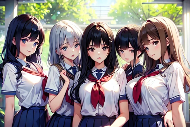 5+girls,cowboyshot,pov,beautiful detailed eyes, detailed lips, long eyelashes, bright and vibrant colors, natural lighting,(best quality, 4k, highres), ultra-detailed, soft and smooth texture, no distractions, dreamlike sensation, slight bokeh effect,highlighting her figure,deformed and independented breasts,schooluniform,side by side,Different posing,surrounded by girls,(small breasts:1.3)