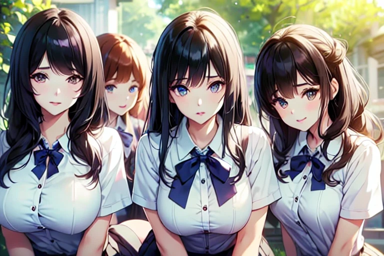 5+girls,cowboyshot,pov,beautiful detailed eyes, detailed lips, long eyelashes, bright and vibrant colors, natural lighting,(best quality, 4k, highres), ultra-detailed, soft and smooth texture, no distractions, dreamlike sensation, slight bokeh effect,highlighting her figure,deformed and independented breasts,schooluniform,side by side,Different posing,surrounded by girls,(small breasts:1.3)