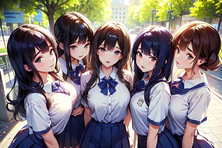 5+girls,cowboyshot,pov,beautiful detailed eyes, detailed lips, long eyelashes, bright and vibrant colors, natural lighting,(best quality, 4k, highres), ultra-detailed, soft and smooth texture, no distractions, dreamlike sensation, slight bokeh effect,highlighting her figure,deformed and independented breasts,schooluniform,side by side,Different posing,surrounded by girls,(small breasts:1.3)