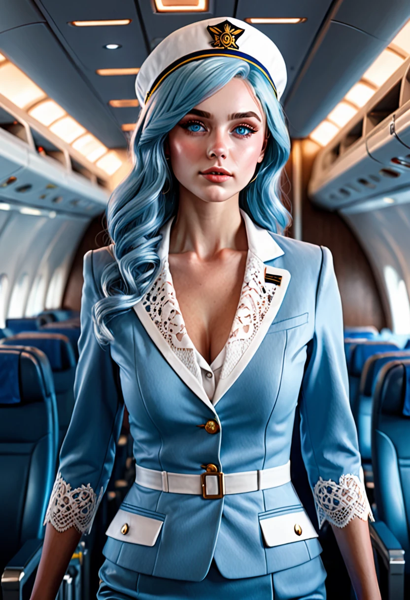 (masterpiece, best quality, photorealistic, Instagram photo,1 girl, sexy girl, beautiful girl, young lady, solo, Realism, natural light, ray tracing, Subsurface scattering, high-resolution, realistic style, 8k , official art, aesthetic, high contrast, extreme detailed background, soothing tones, realistic, beautiful light blue eyes, beautiful sexy face, perfect face, detailed face, detailed hair, shiny skin, perfect skin, 20 years old:1.2), blush,(opening clothes:1.3), Thick long light blue hair, (wide shot:1.3),(breast,nipples,cleavage:1.3), (stewardess theme:1.5),walking with small luggage, (wearing white_light_blue_lace_flight_attendant uniform:1.3),1girl,Breasts