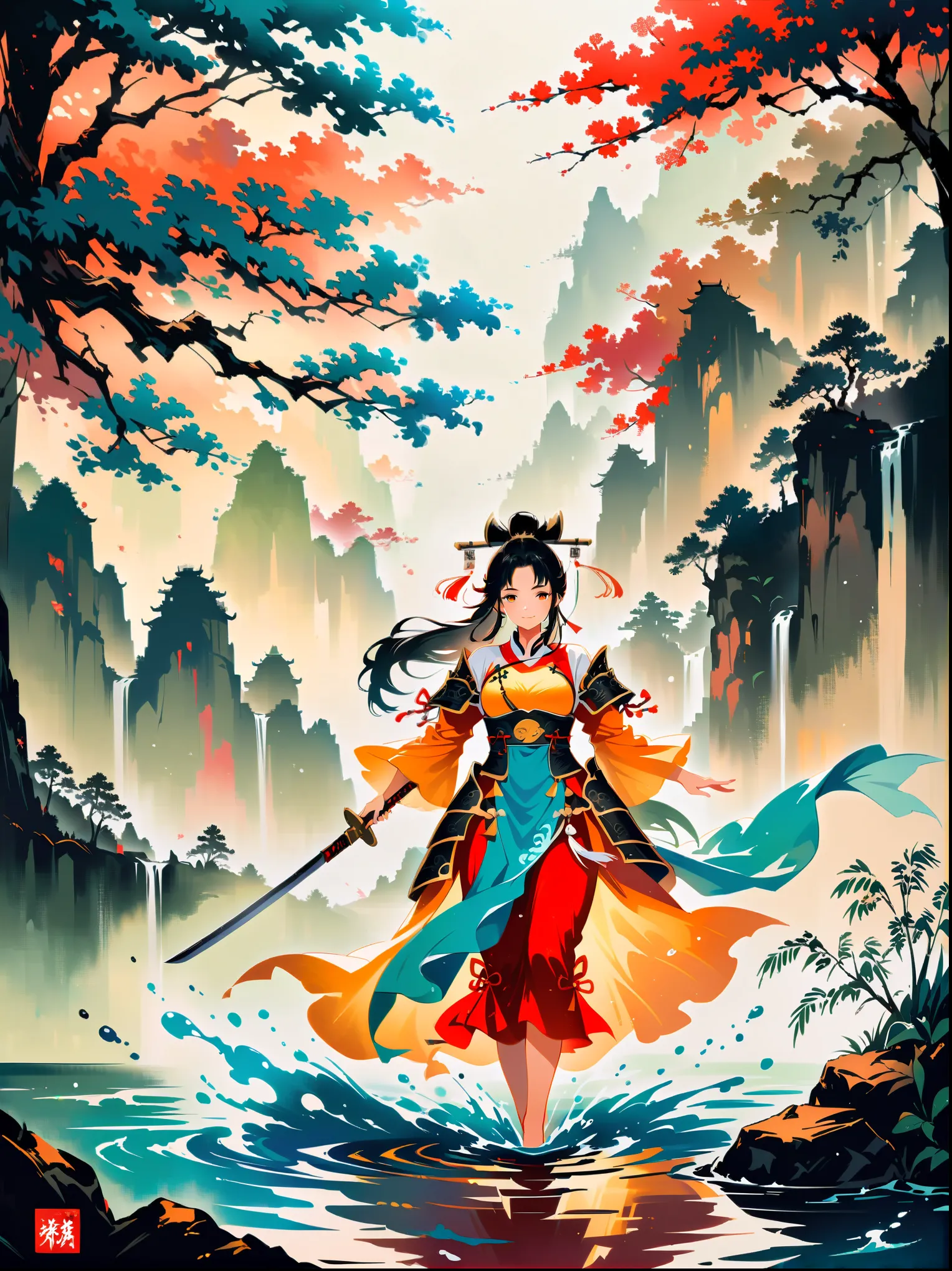 Ink painting，Female knight on the water，Wearing exquisite Chinese Tang Dynasty Ming Guang armor，A bamboo forest behind，sword，landscape，Ultra HD resolution，Freehand style，majestic，Natural light，Knight Focus