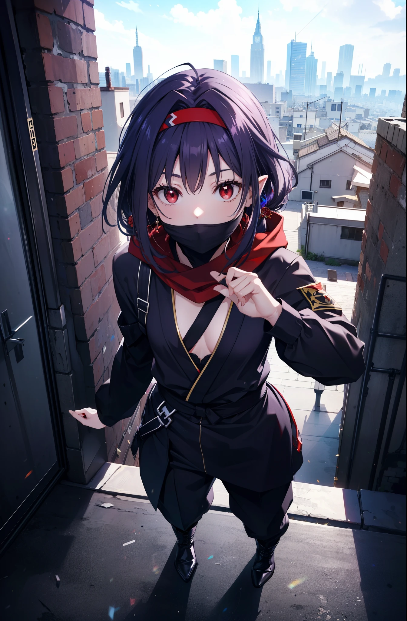 Yuukikonno, Yuki Konno, bandeau pour cheveux, cheveux longs, oreilles pointues, cheveux violets, (les yeux rouges:1.5), (Petits seins:1.2),encapuchonné,couvre ta bouche avec un foulard noir,strict,uniforme ninja noir,ninja,pantalon ninja noir,bottes,pose d&#39;action,surplombant la ville depuis le toit d&#39;un immeuble,
casser looking at viewer, Haut du corps, tout le corps,
casser outdoors ,Bâtiment de style européen médiéval,
casser (chef-d&#39;œuvre:1.2), la plus haute qualité, haute résolution, unité 8k fond d&#39;écran, (forme:0.8), (Des yeux fins et beaux:1.6), Visage très détaillé, éclairage parfait, CG très détaillé, (des mains parfaites, Anatomie parfaite),